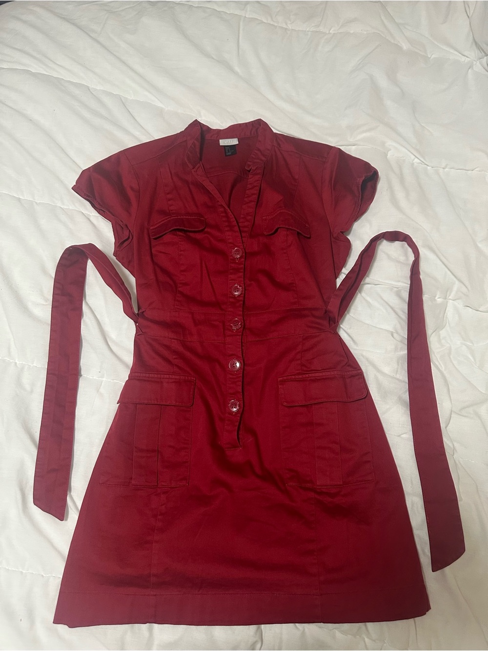 H&M Red Short-Sleeve Button-Front Utility Mini Dress with Waist Tie